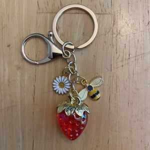 Gold tone Strawberry Bee & daisy bag charm Keychain NWOT